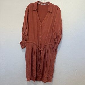 JustFab Terracotta pink women’s plus size 3X midi dress button tie front v-neck